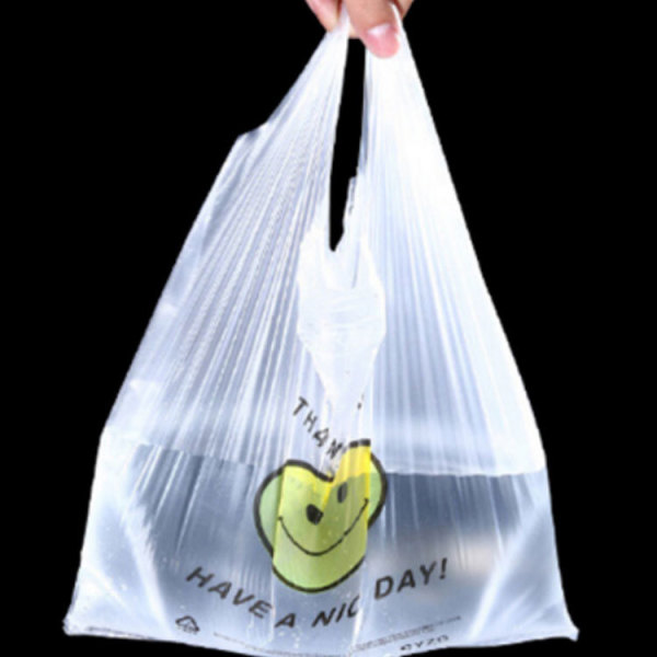 Customised Wholesale Clear Supermarket Smile Plastic PE T-shirt Shop Bags Carry Bags